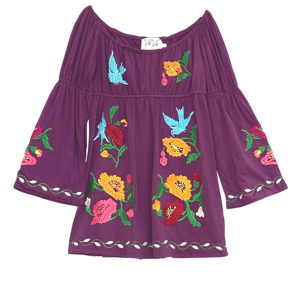 VaVa Joy Han Womens Dress L Purple Embroidered Floral Bird Bell Hippie Festival
